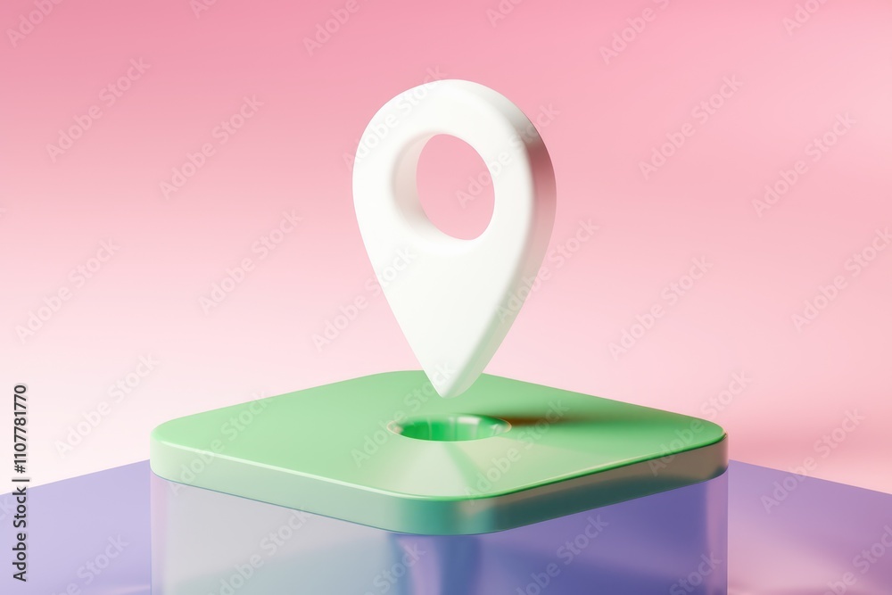 Poster A 3D rendered image of a white location pin hovering over a pastel green square on a purple base
