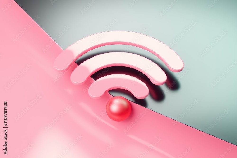 Poster Pink 3D Wi Fi symbol with a sphere  representing connection and technology