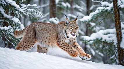Naklejka premium Lynx Stealthily Prowling Through Snowy Forest with Grace and Precision