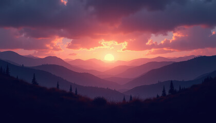 Beautiful sunset over rolling hills with dramatic clouds in Irish landscape