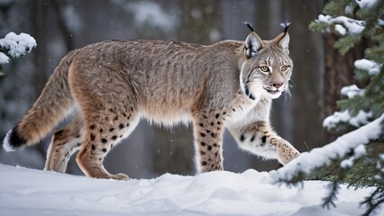Obraz premium Lynx Stealthily Prowling Through Snowy Forest with Grace and Precision
