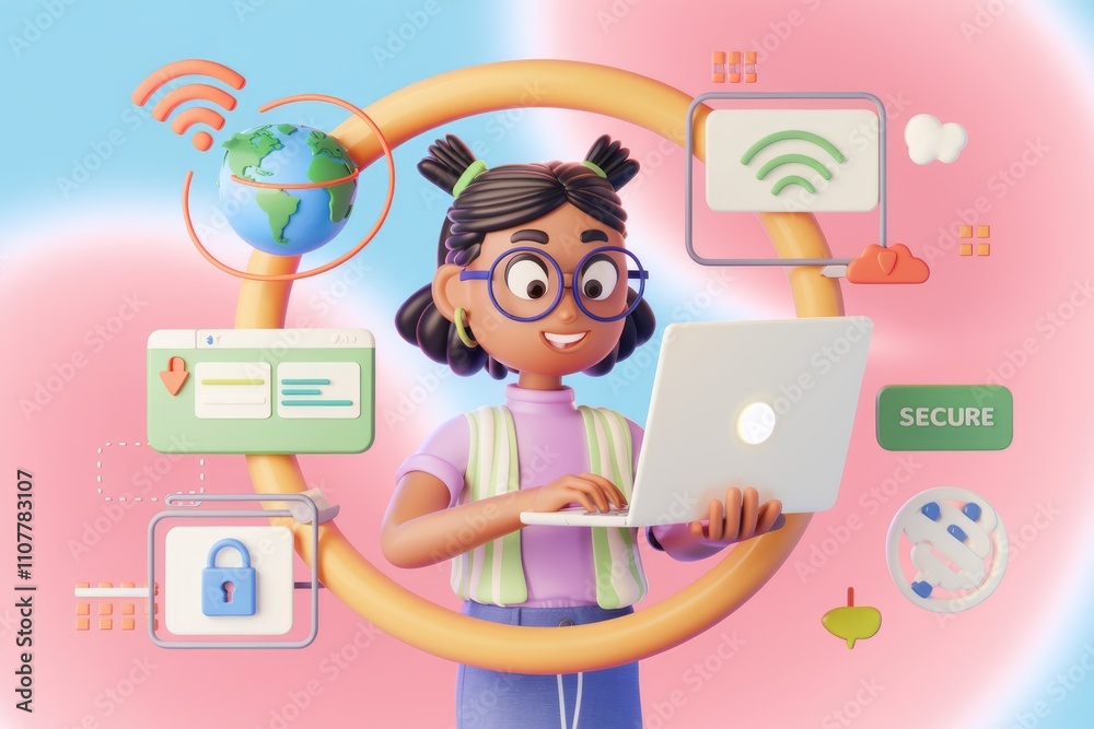 Poster a 3d cartoon girl uses a laptop connected to global network emphasizing secure online experience