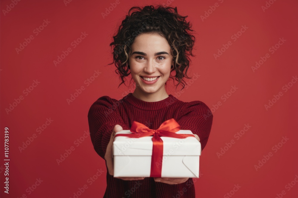 Wall mural A smiling woman with curly hair offers a beautifully wrapped gift against a red background