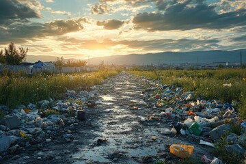 Plastic garbage polluting a green field, highlighting environmental damage and pollution