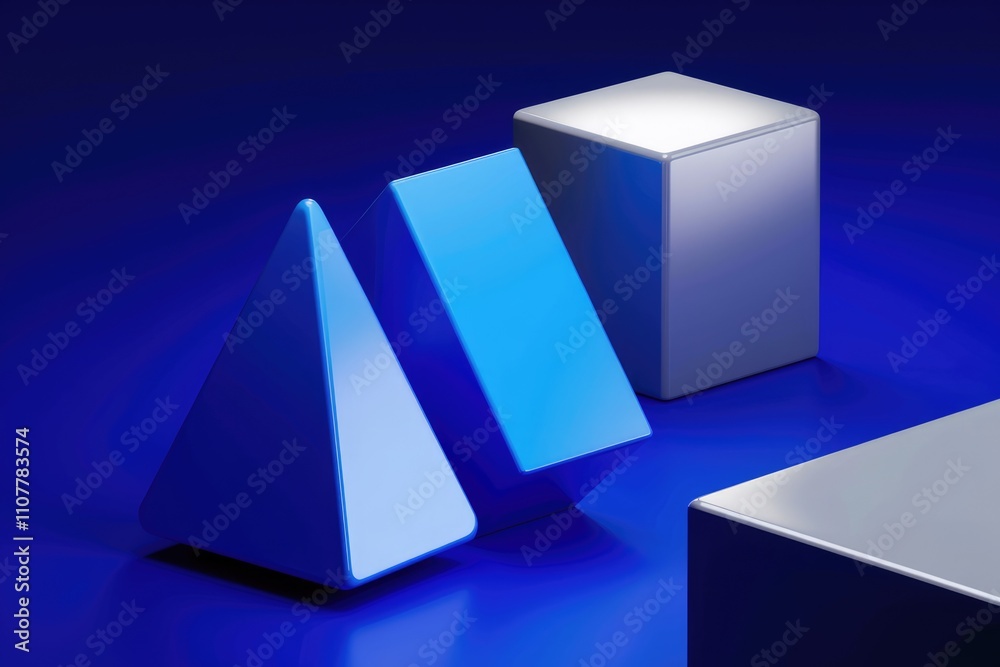 Poster abstract 3d render of blue pyramids and silver cubes on a blue background