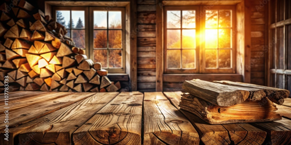 Poster Rustic wooden table with a warm and inviting glow, set against a backdrop of a stacked woodpile and windows with a hazy sunset view