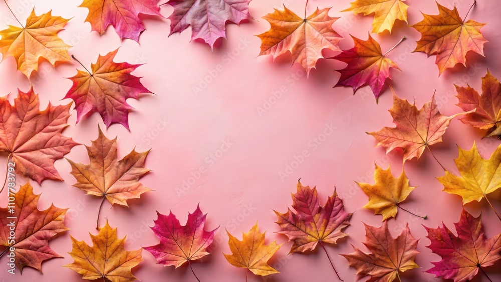 Aufkleber A vibrant collection of autumn maple leaves arranged in a circular pattern on a soft pink background, creating a beautiful and festive backdrop for your fall-themed designs.