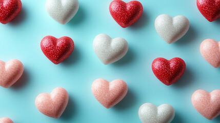 Obraz premium Playful Heart-Shaped Pattern with Pink, Red, and White Hearts on Pastel Background with copy space