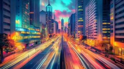 Vibrant cityscape at twilight, showcasing illuminated skyscrapers and speeding traffic on a busy city street.