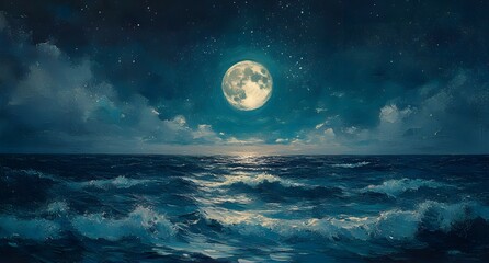 A serene landscape featuring a full moon and a clear starry sky above a quiet