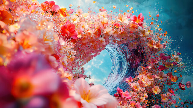 A surreal tidal wave made entirely of blooming flowers, cascading in vibrant colors, creating a mesmerizing visual spectacle of nature&rsquo;s beauty.