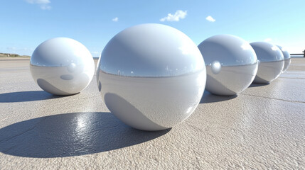 Shiny white spheres reflecting light on smooth surface under blue sky. scene conveys sense of tranquility and modernity