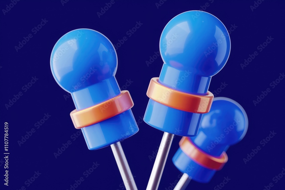 Poster Three blue and orange 3D objects with shiny surfaces on a blue background