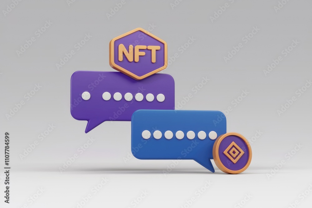 Poster 3D render of NFT chat bubbles with a crypto coin  symbolizing digital asset communication