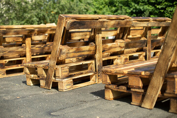 Pallets made of wood. Craft furniture. Made of planks.
