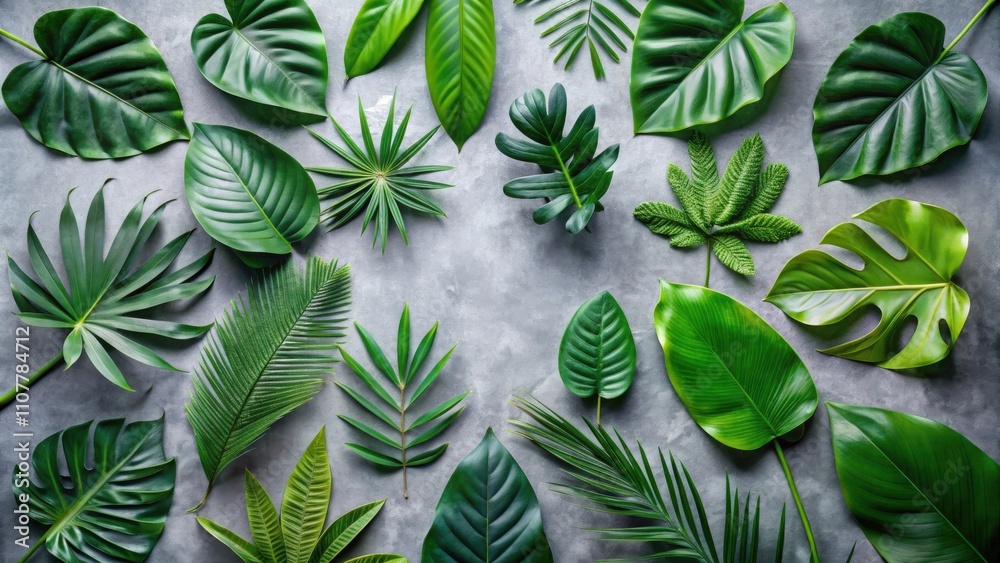 Poster An assortment of vibrant green leaves arranged in a circular pattern on a textured gray surface.  The leaves are a variety of shapes and sizes, creating a beautiful and natural design.