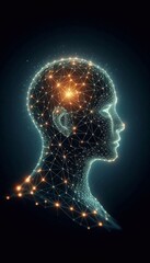 "Digital head silhouette made of glowing lines and nodes, symbolizing artificial intelligence and neural networks
