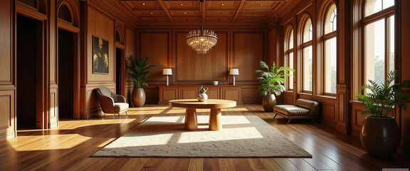 Obraz premium A large room with a wooden floor and a table in the middle. The room is filled with potted plants and has a lot of natural light coming in through the windows