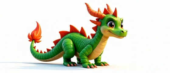 Obraz premium Green Dragon Cartoon, White Background, Fantasy Art, Digital Illustration