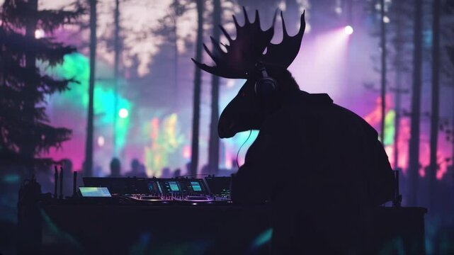 DJ party Moose entertaining a lively crowd in a forest rave setting. Lighting, dramatic fog, and energy. Funny take on Canadian electronic music culture. Video made using Generative AI.