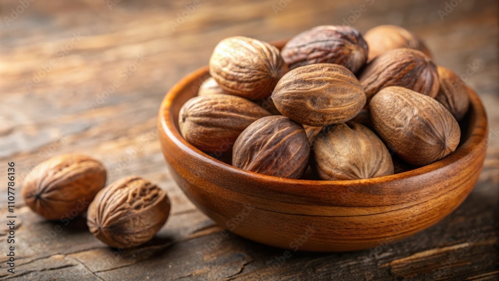 Aufkleber a bowl of whole nutmeg kernels on a rustic wooden surface, ready to be used in culinary creations.