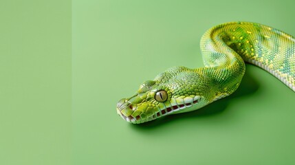 photograph of Close-up of a green python snake with patterned skin on a plain green background, space for copy.