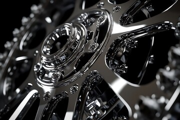 Close-up of a polished chrome gear system, intricate details visible.