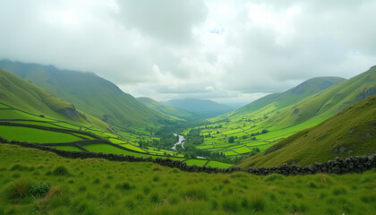 Fototapeta premium Irish landscape with rolling green hills and cloudy sky