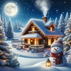 Obraz premium Winter Evening in a Cozy Village with Snowman and Full Moon