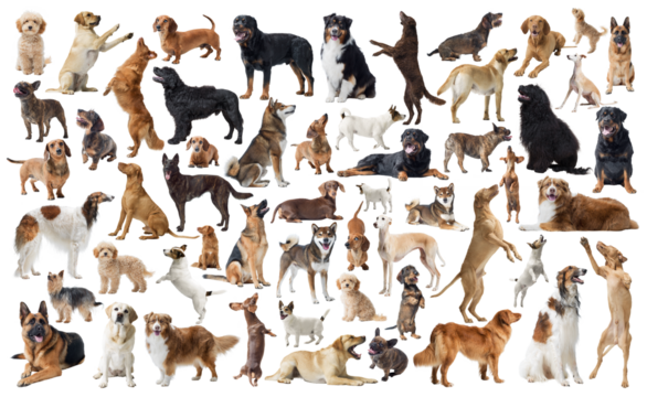 Collection of dog portraits on white background