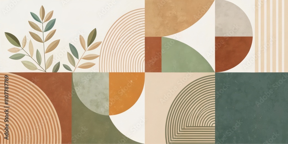 Poster Abstract geometric pattern with muted green and brown tones, accented by delicate foliage