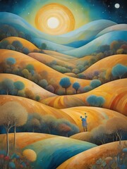 Fototapeta premium Scenic autumn landscape featuring trees in fall colors, hills in the background, and a bright moon above.