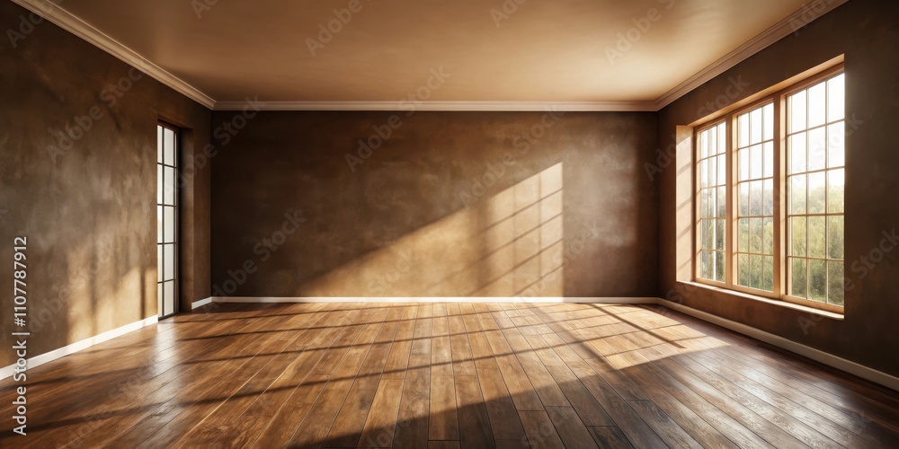 Poster sunlight streaming through a large window illuminates a spacious empty room with warm brown walls an