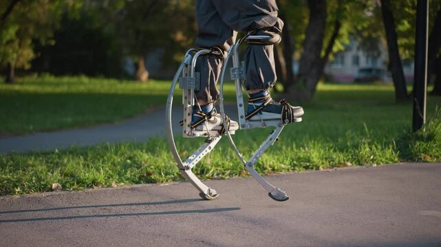Man's legs using spring stilts while walking on paved path in sunny park, wearing gray cargo pants. Camera at ground level focuses on stilts and legs, with green grass and trees