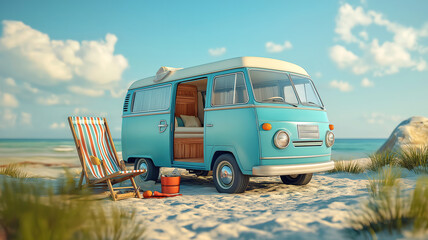 Blue van with beach accessories ready for summer travel in a cheerful illustration