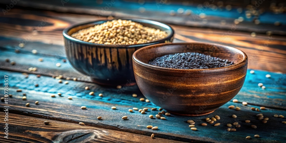 Aufkleber a close-up of two bowls filled with sesame seeds and poppy seeds, resting on a rustic wooden table w
