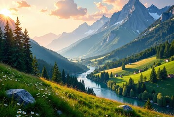 Majestic Mountain Valley Meadow River Forest Landscape - Breathtaking Scenery