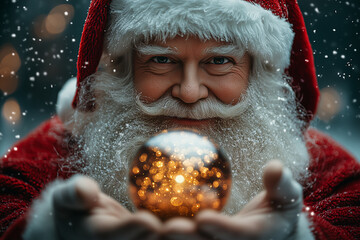 Santa Claus face close up with glowing snowflakes around