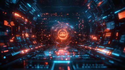 Obraz premium Futuristic tunnel with glowing digital interface and abstract symbol.
