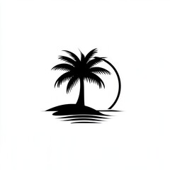 Silhouette of palm tree on island at sunset.