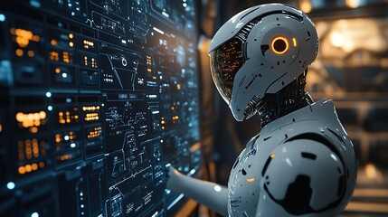 Fototapeta premium A futuristic robot interacts with a digital interface, showcasing advanced technology.