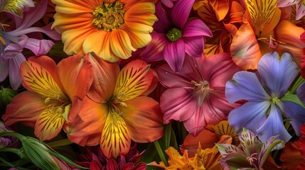 photograph of Colorful spring flowers in a playful pattern