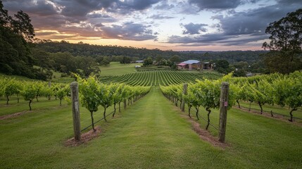 Fototapeta premium Vineyard Sunset Scenic View Rolling Hills Winery Landscape