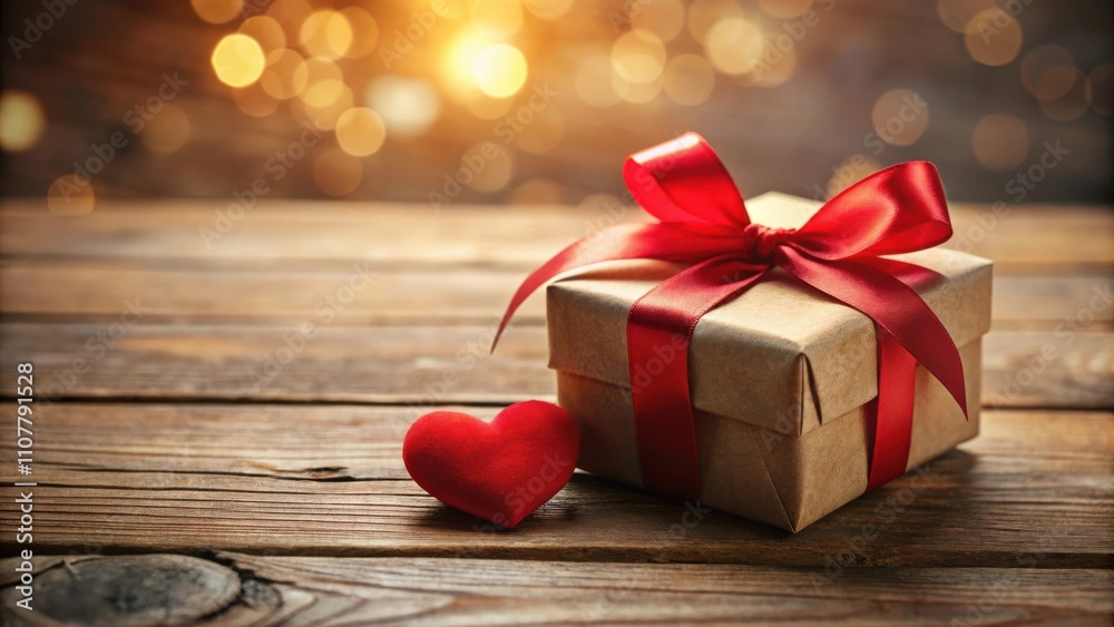 Poster a red heart and a wrapped gift box with a red ribbon on a rustic wooden surface, bathed in warm, bok