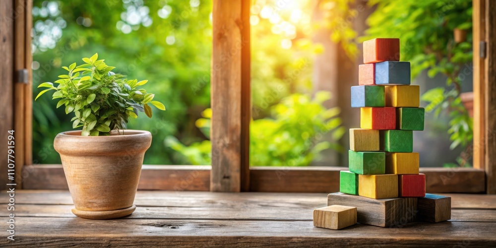 Aufkleber a potted plant and colorful wooden blocks stacked in a tower on a wooden tabletop with a window view