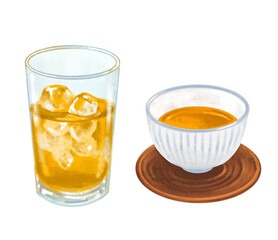 グラスと湯呑に入ったお茶のイラスト