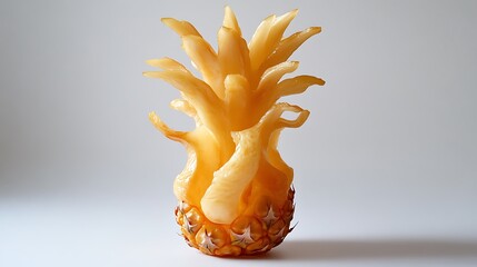 A peeled pineapple standing upright with its crown still attached on a clean white background