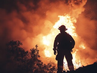 Obraz premium Firefighter Battling Large Wildfire at Dusk