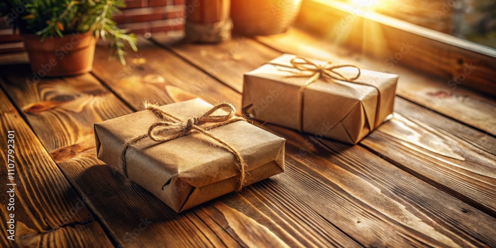 Poster two rustic brown gifts wrapped in twine and tied with bows, sitting on a weathered wooden table with