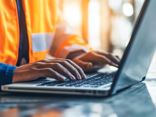 Construction Worker Using Laptop on Job Site